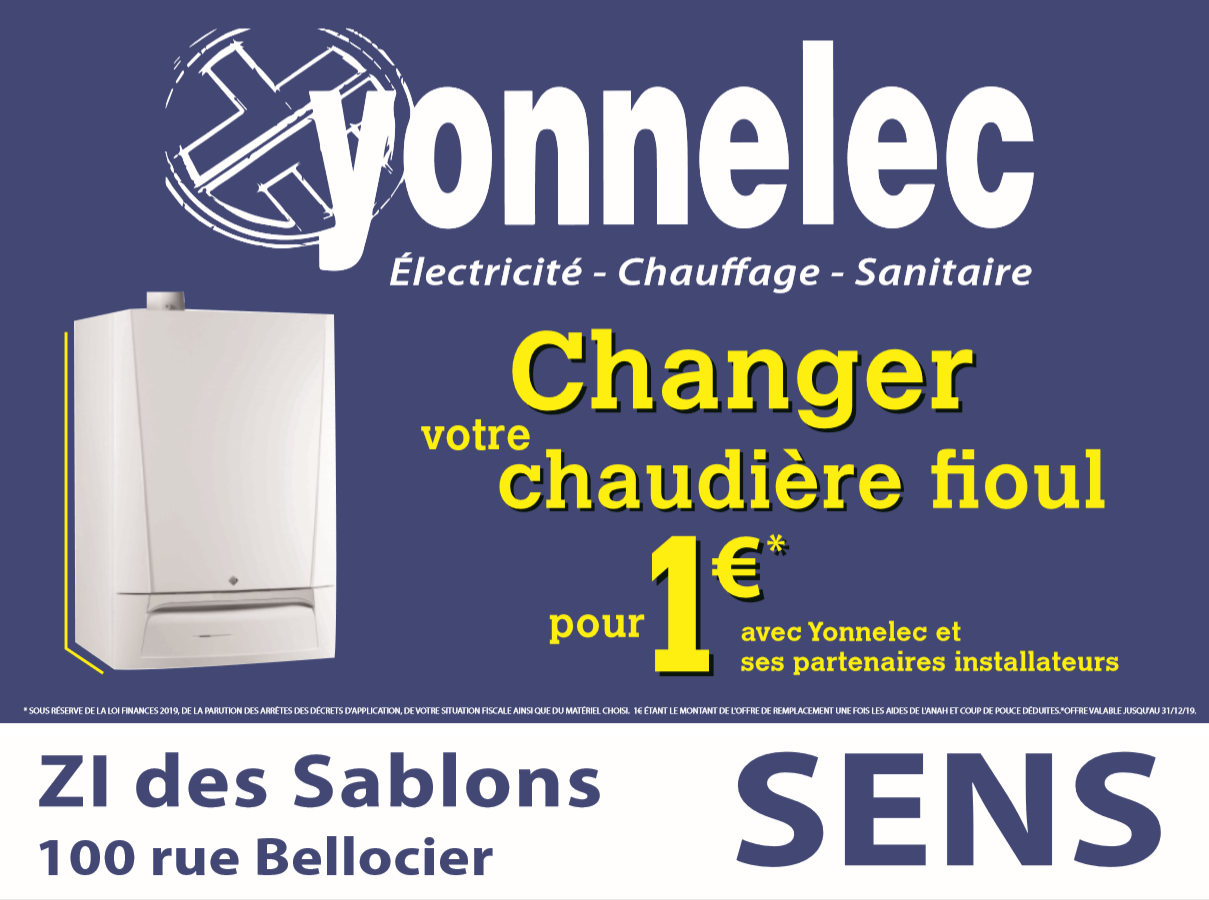 Grâce à YONNELEC et ses partenaires installateurs venez changer votre chaudière fioul pour 1€ ! Plus d'informations en agence.